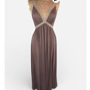 VTG Olga Women Babydoll Nightgown Mocha Lace Empire Whimsy Maxi Small USA